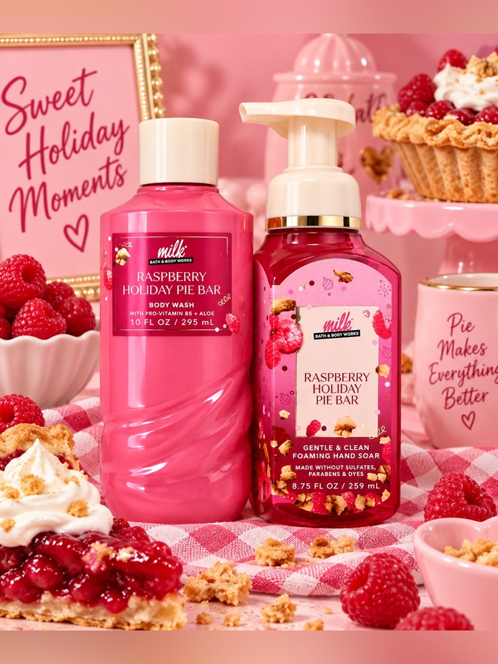 Bath & Body Works Raspberry Holiday Pie Bar Body Wash & Foaming Hand Soap Set
